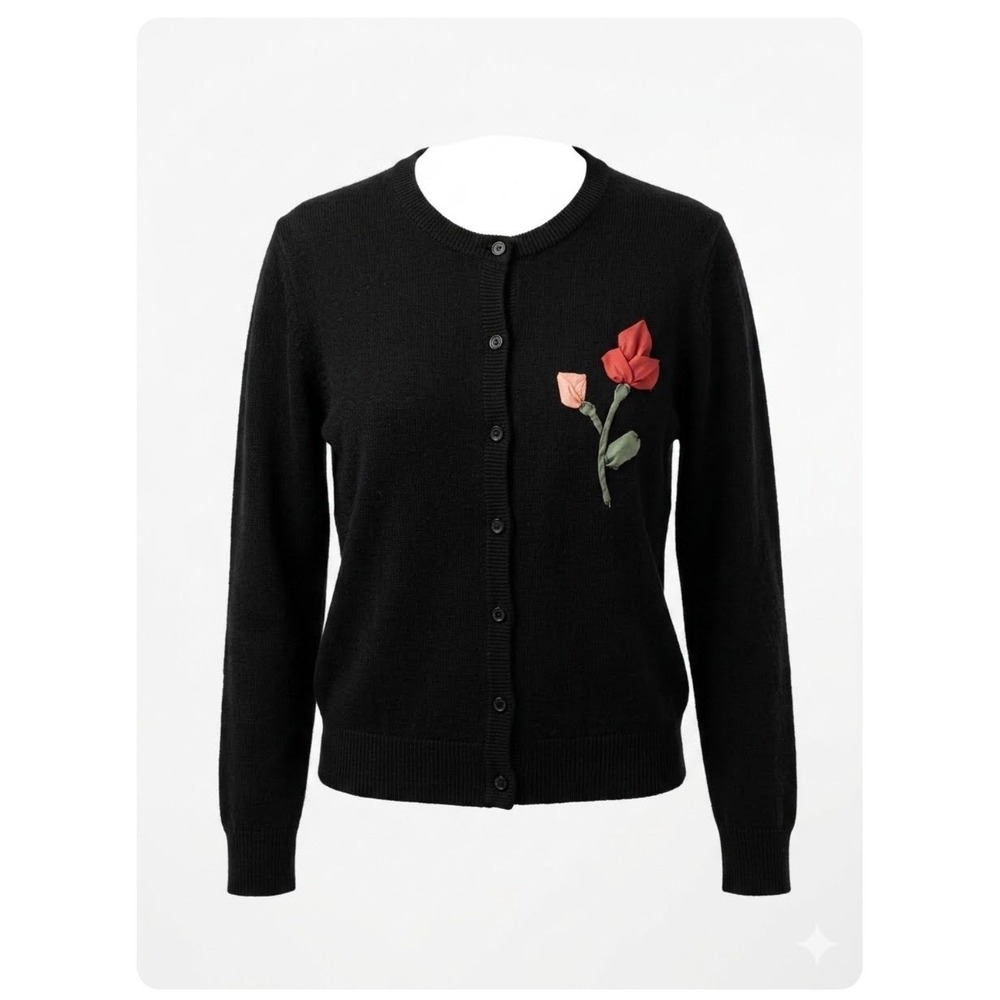 Vintage Monterey Bay Silk Cotton Floral Ribbon Applique Cardigan Sweater L